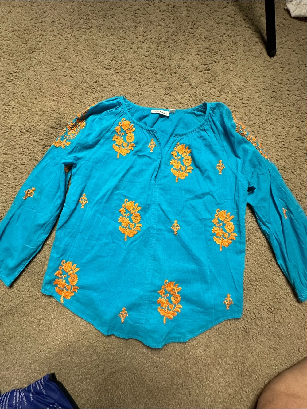 Roller Rabbit Turquoise Tunic with Orange Floral Embroidery
